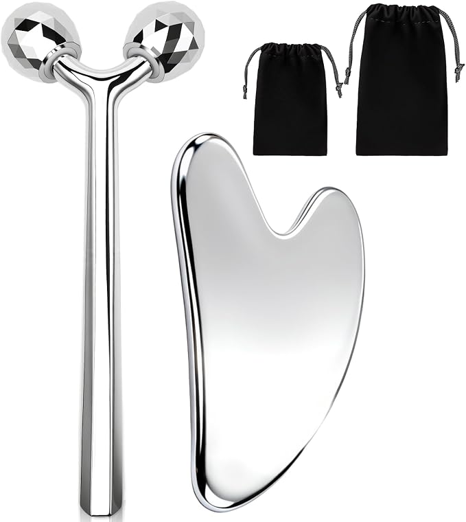 kullder Gua Sha Facial Tools & Face Roller Set 2pcs: Stainless Steel Lymphatic by kullder