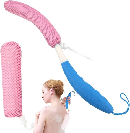 15.35" Back Bath Brush with Sponge, Back Scrubber Bath Mesh with Curved Long by KkaFFeHealth