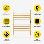 8-Bars Gold Heated Towel Rack–23" Wall Mounted Towel Warmer - Image 4