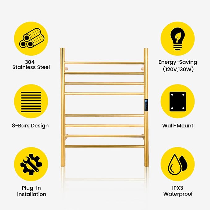 8-Bars Gold Heated Towel Rack–23" Wall Mounted Towel Warmer - Image 4