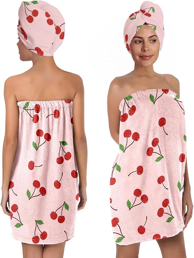 Women's Cherry Print Towel Wrap and Hair Drying Cap Set – Cute Pink Microfiber by QIULIBMH