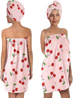 Women's Cherry Print Towel Wrap and Hair Drying Cap Set – Cute Pink Microfiber by QIULIBMH