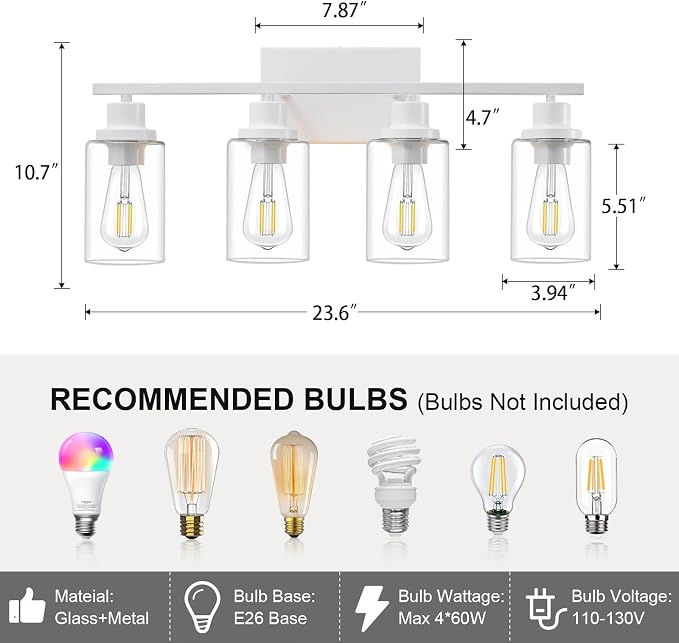 4 Light White Bathroom Light Fixtures Vanity Light Over Mirror Modern Wall - Image 4