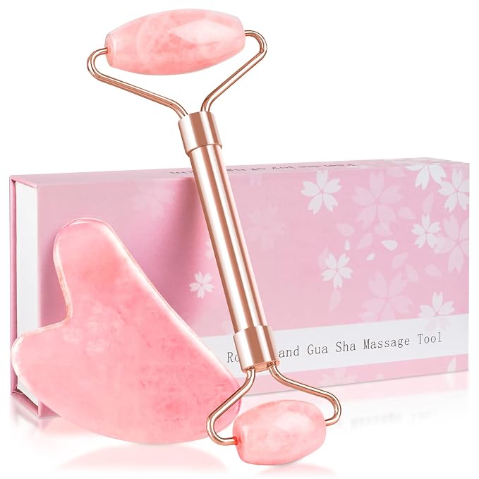 Jade Roller & GuaSha Set-Facial Beauty Roller Skin Care Tools, Rose Quartz by ZSZESHIN