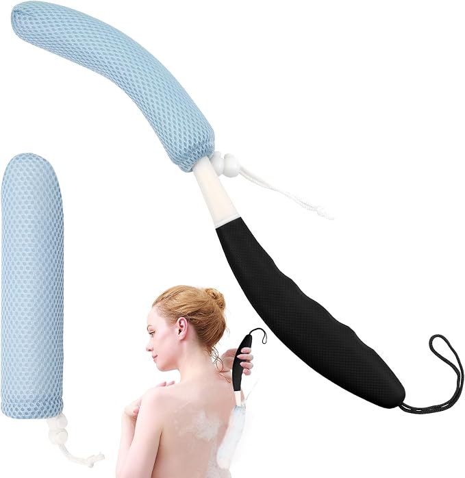 15.35" Back Bath Brush with Sponge, Back Scrubber Bath Mesh with Curved Long by KkaFFeHealth