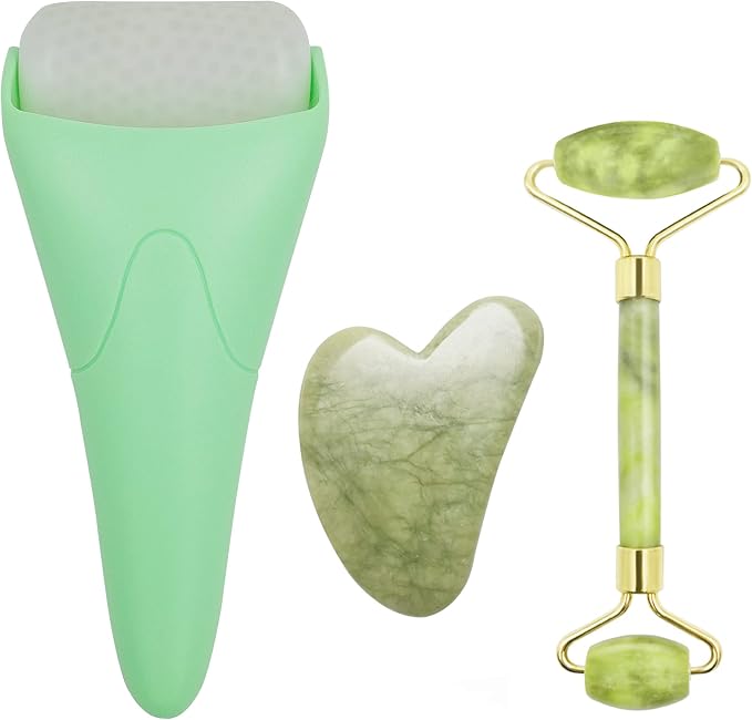 Chikoni 3 in 1 Ficial Face Ice Jade Roller and Gua Sha Tool, Natural Real Jade by Chikoni