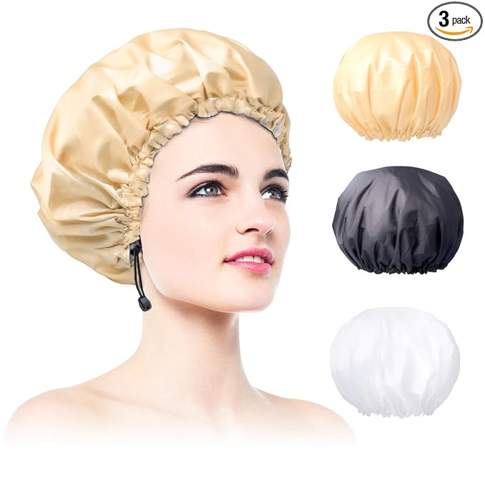 3 Pack Extra Large Double Layer Adjustable Shower Caps by WINSTECK