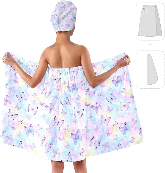 Women's Butterfly Print Towel Wrap and Hair Drying Cap Set – Pastel Microfiber - Image 2
