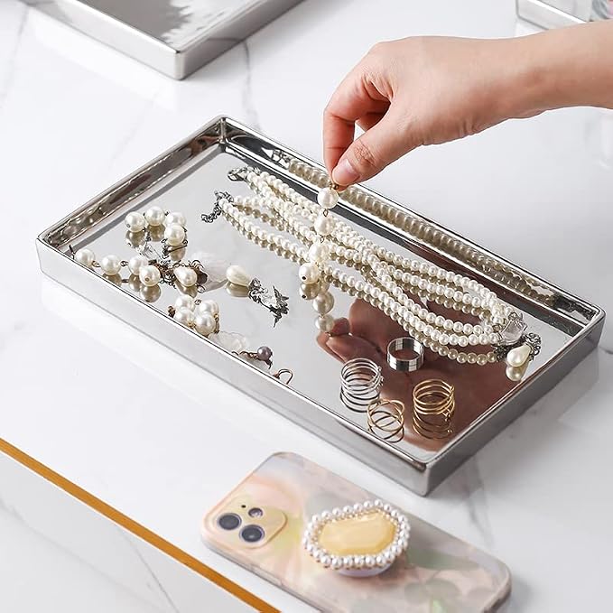 Ceramic Trinket Tray Rectangte Vanity Jewelry Organizer Makeup Mirror Tray - Image 4