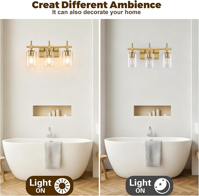 Asnxcju 3-Light Brushed Gold Bathroom Light Fixtures, Modern Gold Vanity Lights - Image 7