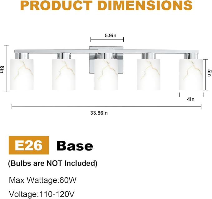 5-Light Bathroom Light Fixtures, Modern Vanity Lights, Chrome Metal Wall Lamp - Image 2
