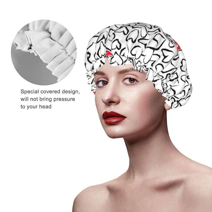 Love Hearts Shower Cap For Women Reusable Waterproof Double Layers Bath Cap - Image 3