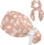 Scrub Caps Women Ponytail Cute Pink and White Leaves Caps Bouffant Working Hat by Unknown