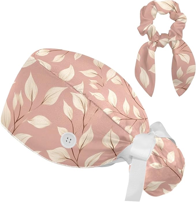 Scrub Caps Women Ponytail Cute Pink and White Leaves Caps Bouffant Working Hat by Unknown