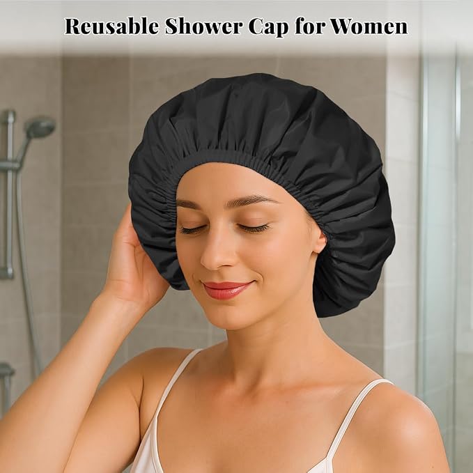 3 Pack Reusable Shower Cap for Women, Waterproof Hair Cap for Shower and Bath - Image 3