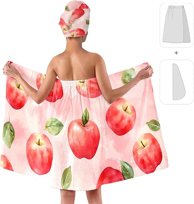 Women’s Pink Watercolor Apple Bath Wrap and Hair Towel Set, Soft Absorbent - Image 2