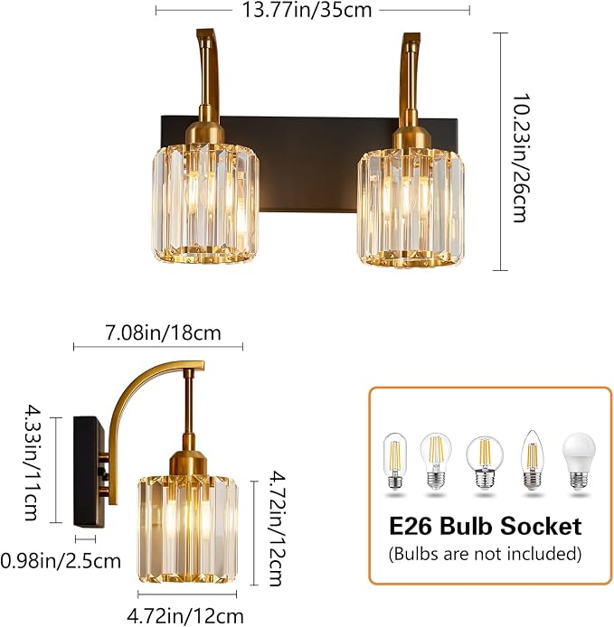 Bathroom Crystal Vanity Lights 2-Light Black Gold Wall Lamp Modern Crystal - Image 5