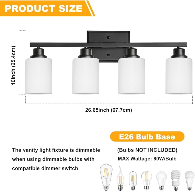 Unicozin 4-Light Bathroom Light Fixtures, Modern Black Vanity Light Over Mirror - Image 5