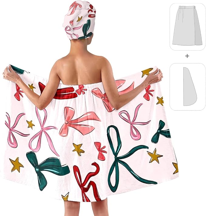 Gift Bow Bath Wrap with Hair Drying Cap – Microfiber Quick Dry Shower Towel - Image 2