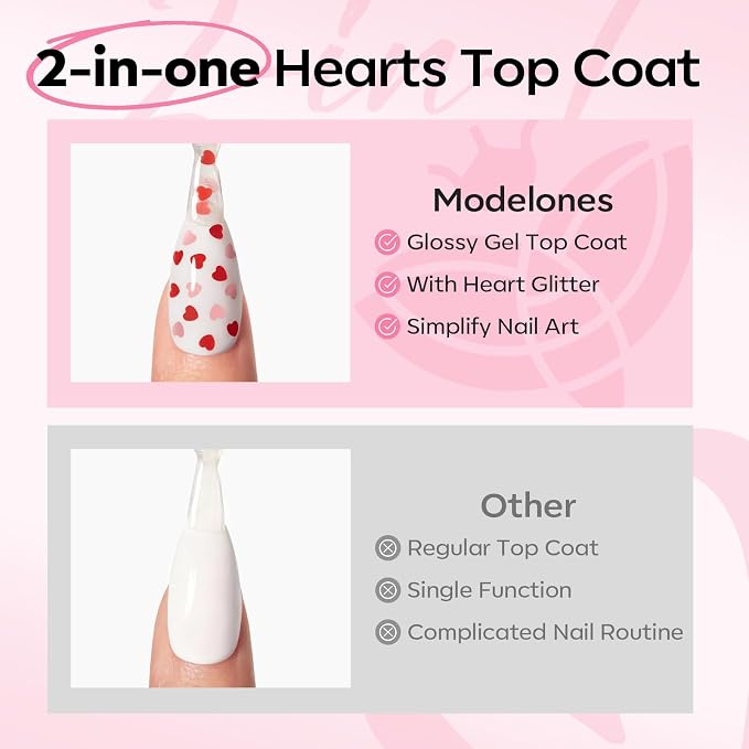 modelones Heart Glitter Gel Top Coat, 15 ML 2 in One No Wipe Clear Gel Nail - Image 3