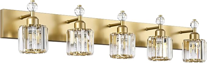 PRESDE 5-Crystal Bathroom Vanity Light Modern Gold Bathroom Lights Fixtures by HOME