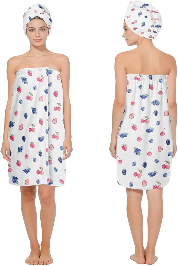 Absorbent Bath Towel Wrap Set for Women, Berries Print Towel Wrap After Shower by HEIFAM