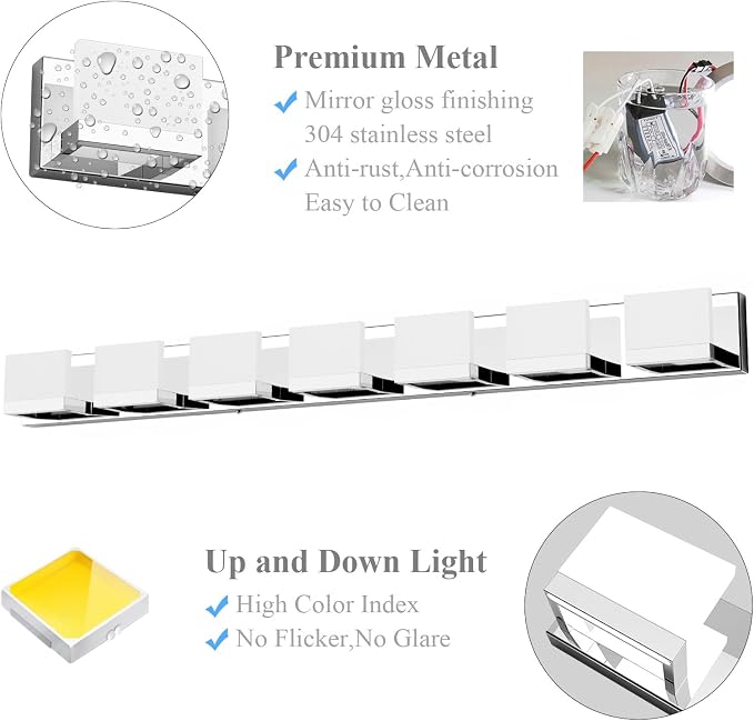 Tipace LED Modern Bathroom Vanity Light Fixtures, 7 Lights Chrome Vanity - Image 8