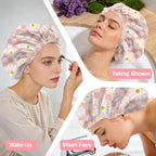 Pink Daisy Reusable Shower Cap Buffalo Check Double Layer Waterproof Shower - Image 6