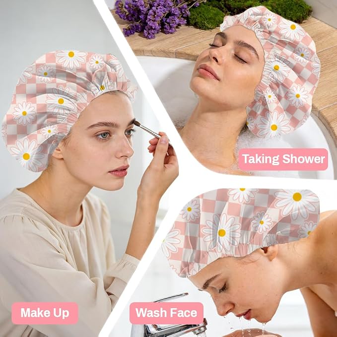 Pink Daisy Reusable Shower Cap Buffalo Check Double Layer Waterproof Shower - Image 6