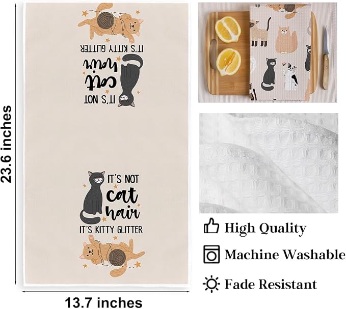 3PCS Cute Cat Kitchen Towels, Cat Themed Gifts Reusable Absorbent Waffle Weave - Image 2