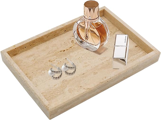 Real Natural Travertine Tray for Bathroom, Kitchen and Desktop, Rectangle by Zilukar