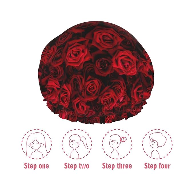 Red Rose Flowers Shower Cap For Women Reusable Waterproof Double Layers Bath - Image 6