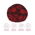 Red Rose Flowers Shower Cap For Women Reusable Waterproof Double Layers Bath - Image 6