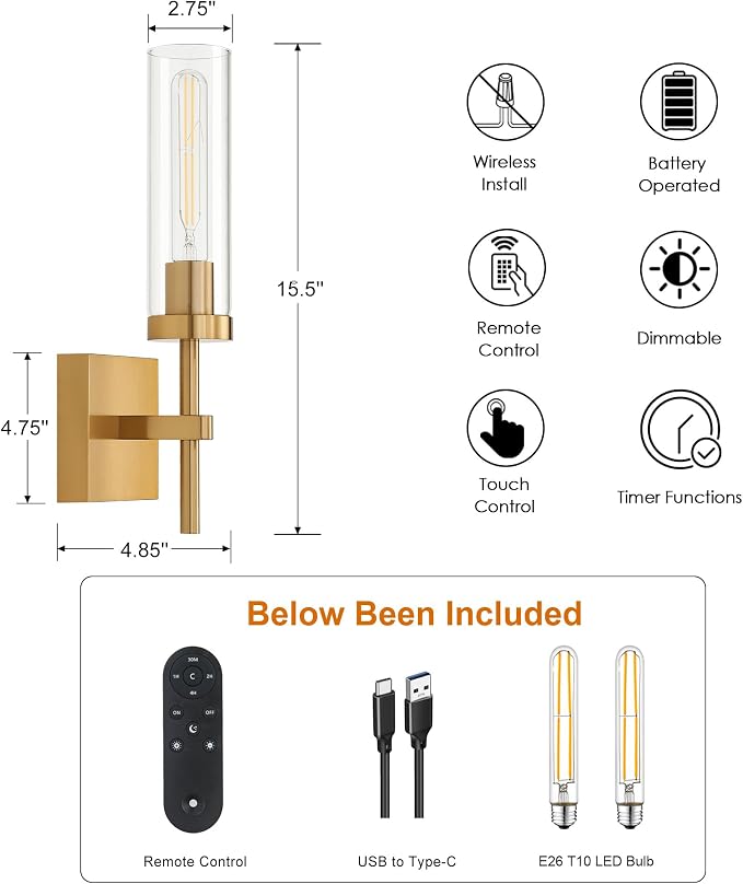 Gold Battery Operated Wall Sconce Set of 2, Wireless Wall Sconces - Image 6