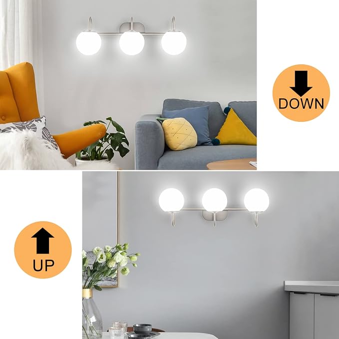 Brushed Nickel Bathroom Vanity Light Fixtures 3 Lights Milk White Glass Globe - Image 3
