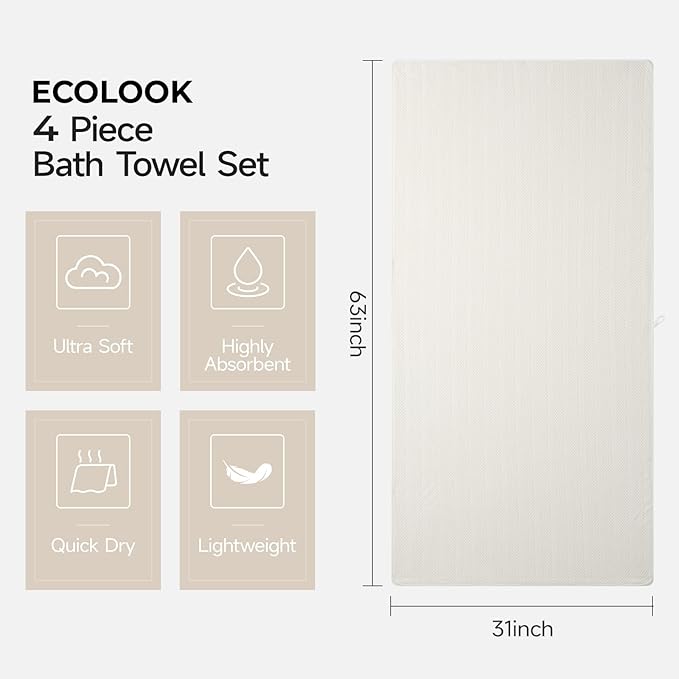 ecolook 4 Pack Microfiber Bath Towels, 31 x 63 inches Extra Large Bath Towel Set - Image 3