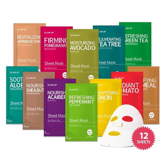GLAM UP Korean Facial Sheet Mask 12 Combo Pack | Hydrating & Moisturizing Face by glamup