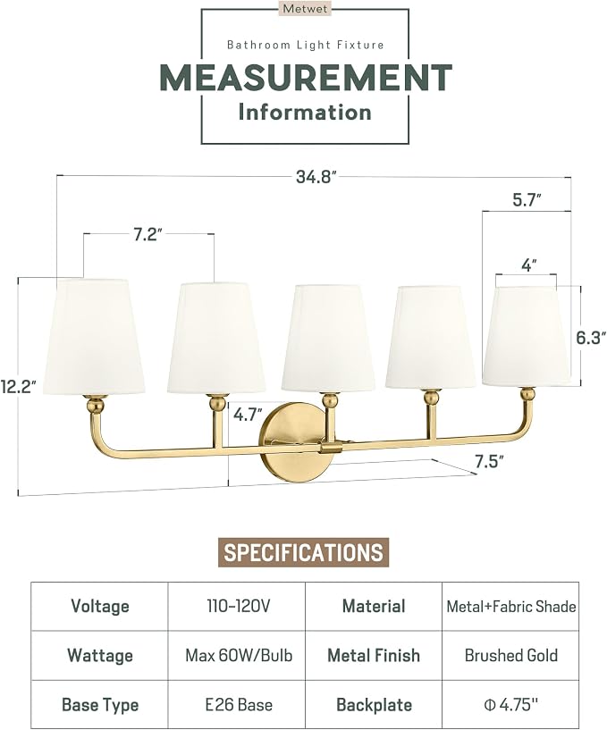 5-Light Bathroom Light Fixtures, Brushed Gold Vanity Lights - Image 3