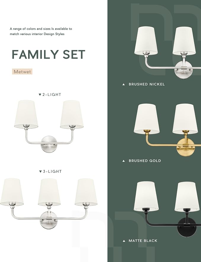 2-Light Bathroom Light Fixtures, Brushed Nickel Vanity Lights, Double Wall - Image 8