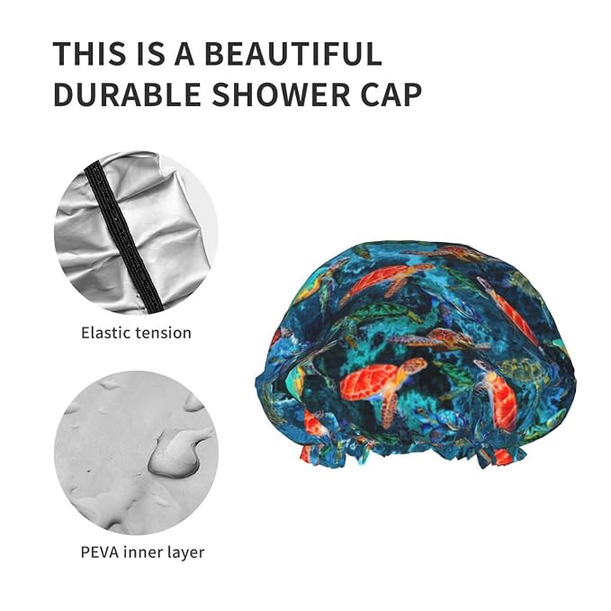 Sea Turtle Shower Cap For Women Adjustable Double Waterproof Layers Bathing - Image 5