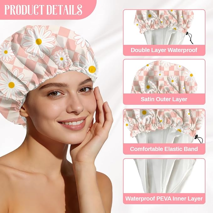 Pink Daisy Reusable Shower Cap Buffalo Check Double Layer Waterproof Shower - Image 3