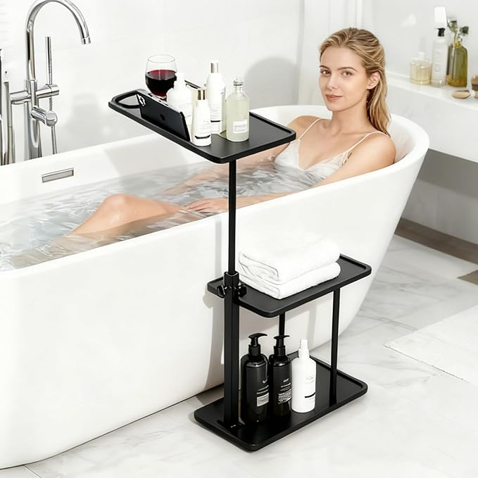 3 Layer Bathtub Tray Table, Bamboo Swivel Bathtub Side Table Height Adjustable by BeGyoku
