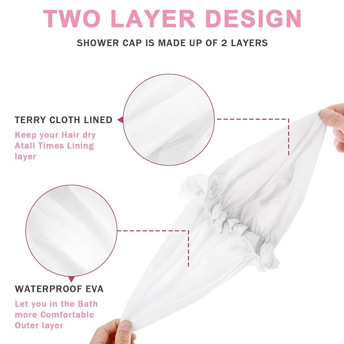 Reusable Shower Caps for Women, Terry Cloth Lined Shower Cap Double Layer - Image 6