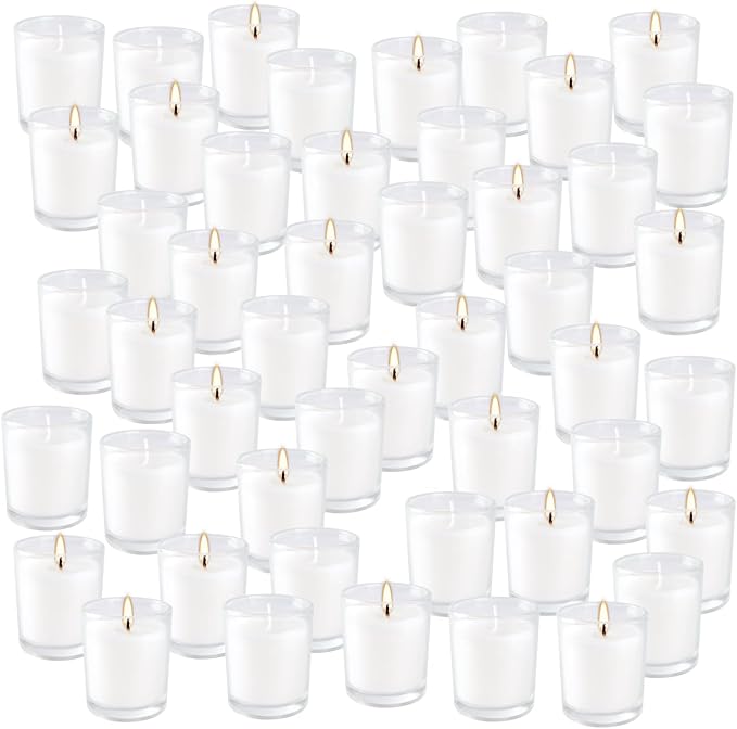 48 Pack Warm White Unscented Clear Glass Filled Votive Candles. Hand Poured Wax - Image 9