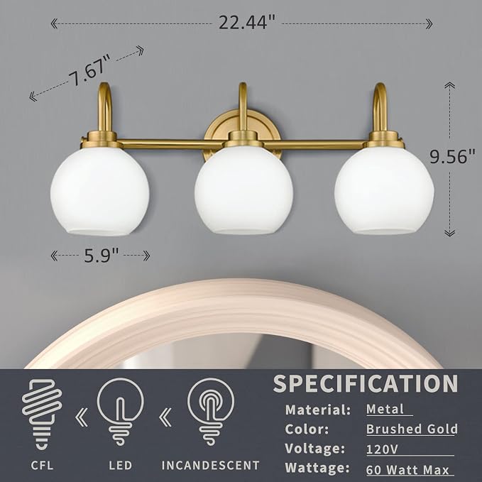 AKEZON Bathroom Light Fixtures 3-Light Brushed Gold Vanity Light, Modern - Image 6