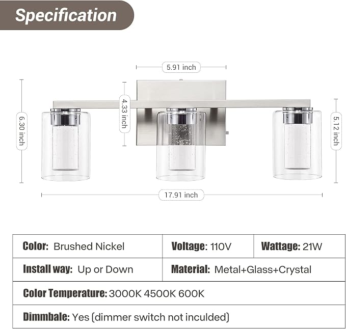Bathroom Light Fixtures, 3 Light Brushed Nickel Bathroom Vanity Light over - Image 5