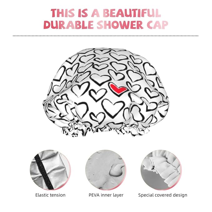 Love Hearts Shower Cap For Women Reusable Waterproof Double Layers Bath Cap - Image 4