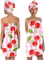 Cherry Bath Wrap with Hair Turban – Pink Check Microfiber Shower Skirt and by QIULIBMH
