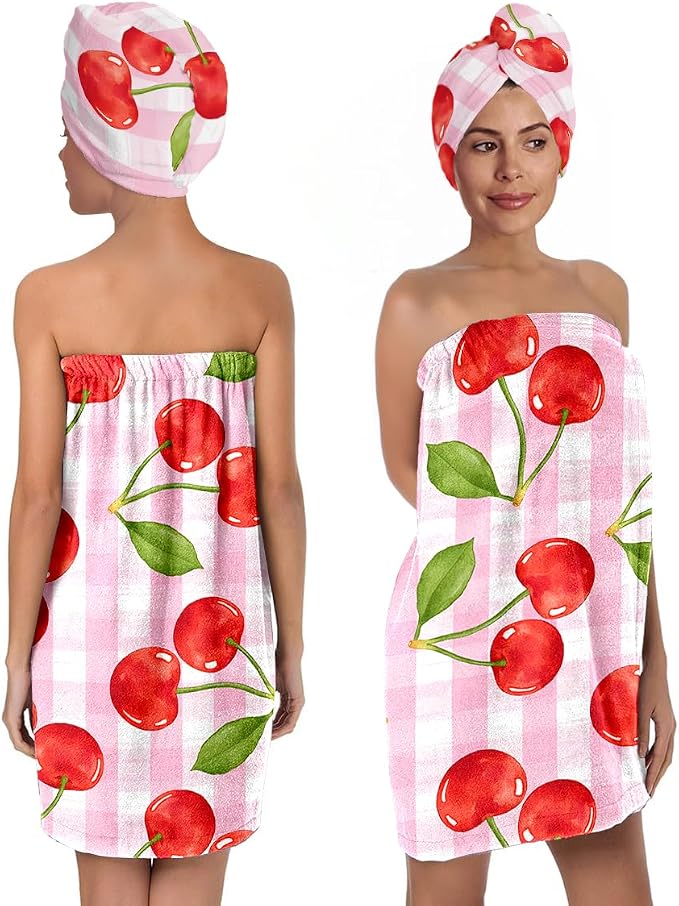 Cherry Bath Wrap with Hair Turban – Pink Check Microfiber Shower Skirt and by QIULIBMH