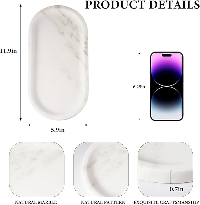 Koville Natural Marble Tray for Bathroom Countertop, Marble Storage Trays for - Image 2